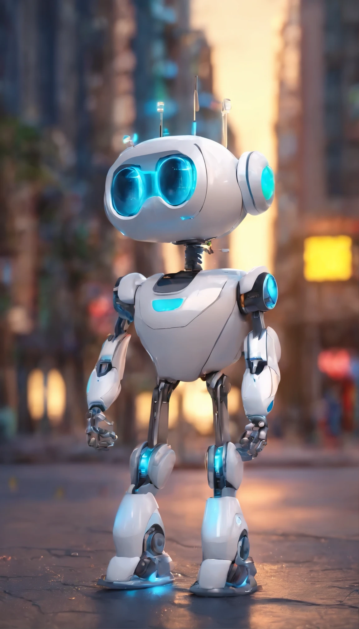 A simple Cute full white colour robot、Charming ,The background is a street in city