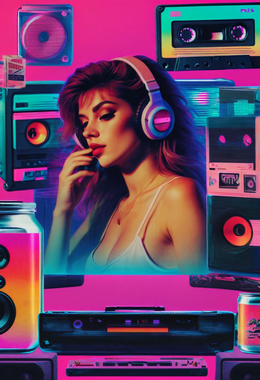 Framed, capsuled, pils, drugs, medicine,80's, cassettes, speakers, Vaporwave Aesthetic style, synthwave, sexy woman,