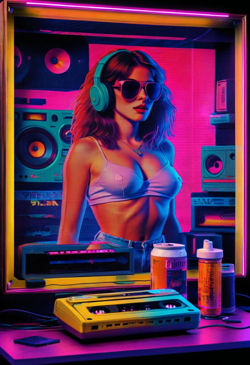 Framed, capsuled, pils, drugs, medicine,80's, cassettes, speakers, Vaporwave Aesthetic style, synthwave, sexy woman,