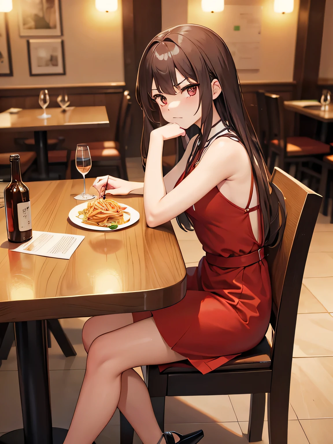 (1) A woman is sitting alone at a table in a restaurant.
(2) women look mature、She is wearing a red mini dress and red high heels..
(3) The woman&#39;s expression is angry.
(4) The place is inside a small Italian restaurant.
(5) There is pasta on the woman&#39;s table.