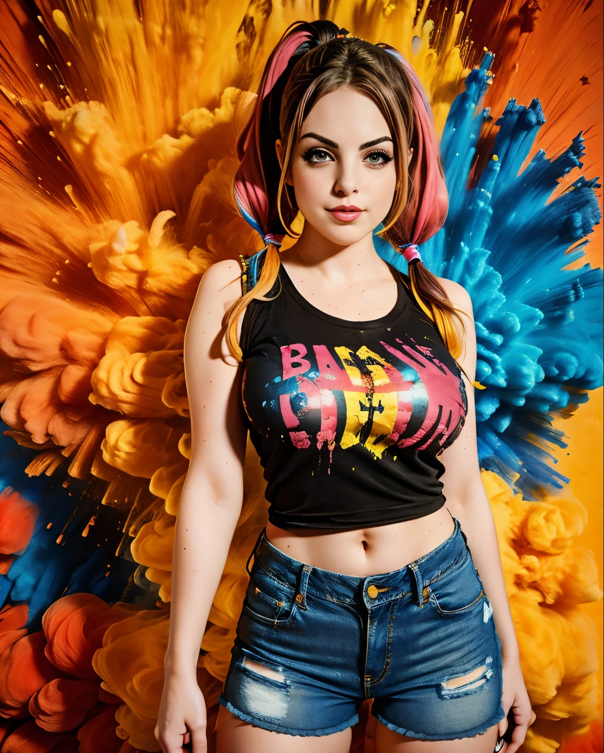 ((elizabeth gillies, camiseta molhada, bigfaketits, shorts jeans rasgado)),master part,best quality,intrincado,aesthetic,Rosto detalhado,Subsurface scattering,Olhando para o Viewer,
1girl,foto de uma  bonito corpo inteiro, Sorriso leve, encantador, 20 anos,cabelo twintails crew cut,colorido, splatter de tinta, Tecelagem, pano,
BigFaketits, camiseta, shorts jeans rasgado, camiseta 