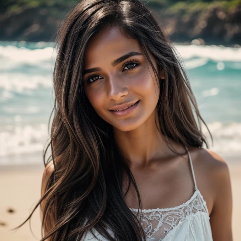 Cinematic soft lighting illuminates a beautiful woman from Spain (meia idade) (33 anos) incrivelmente detalhada e ultrarrealista, olhar para a praia, long messy black hair and windy, olhos claros de mel, sorriso perfeito cativante, sensual, Mulher gostosa, maravilhoso, what&#39;s trending on ArtStation. Octane is the perfect tool for capturing the softest details of this 16k photography masterpiece.