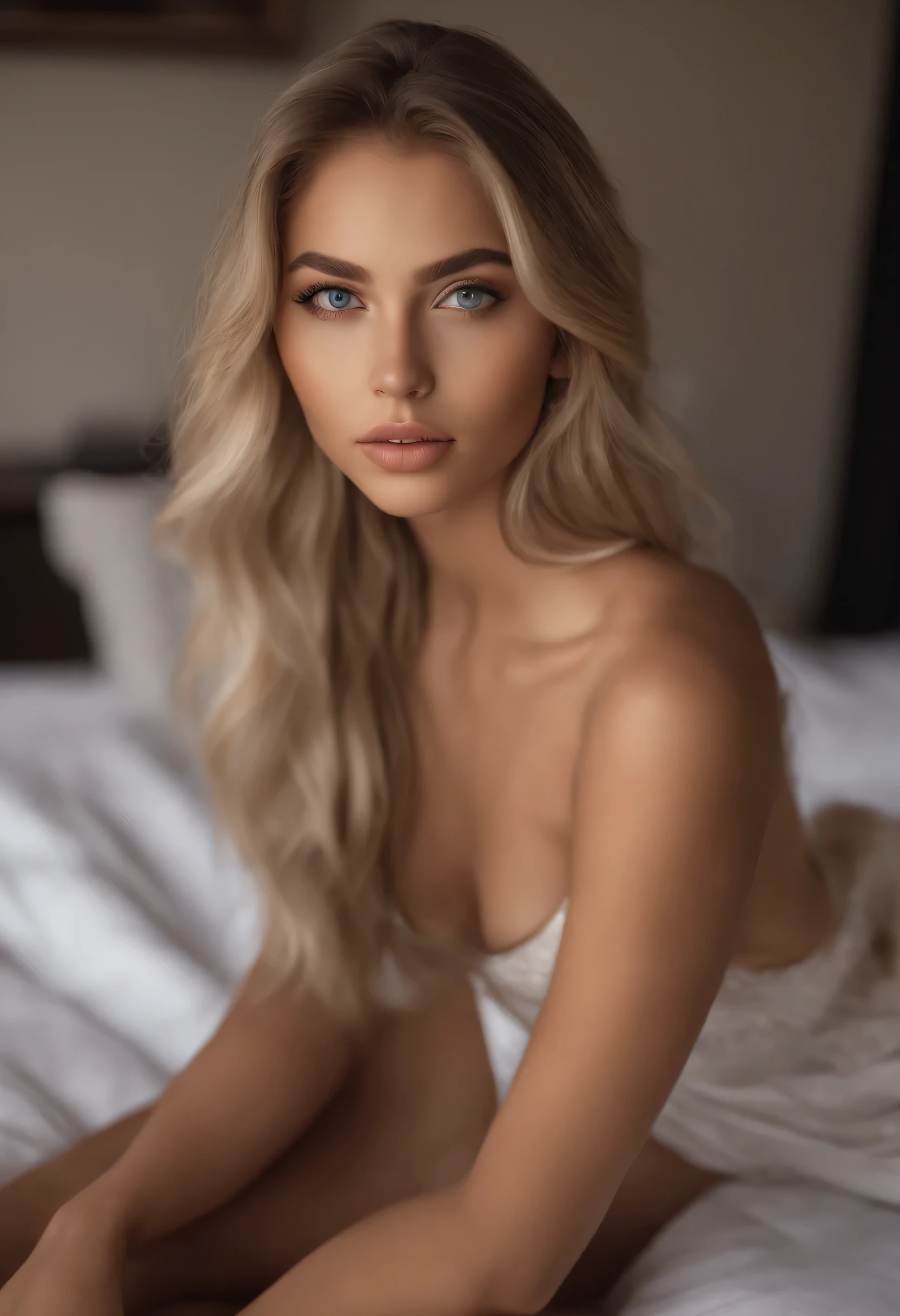 arafed woman fully , hispanic, sexy girl with blue eyes, ultra realistic, meticulously detailed, portrait sophie mudd, blonde hair and large eyes, selfie of a young woman, bedroom eyes, violet myers, without makeup, natural makeup, looking directly at the camera, face with artgram, subtle makeup, stunning full body shot kneeling on bed, in bedroom, medium to large size bust