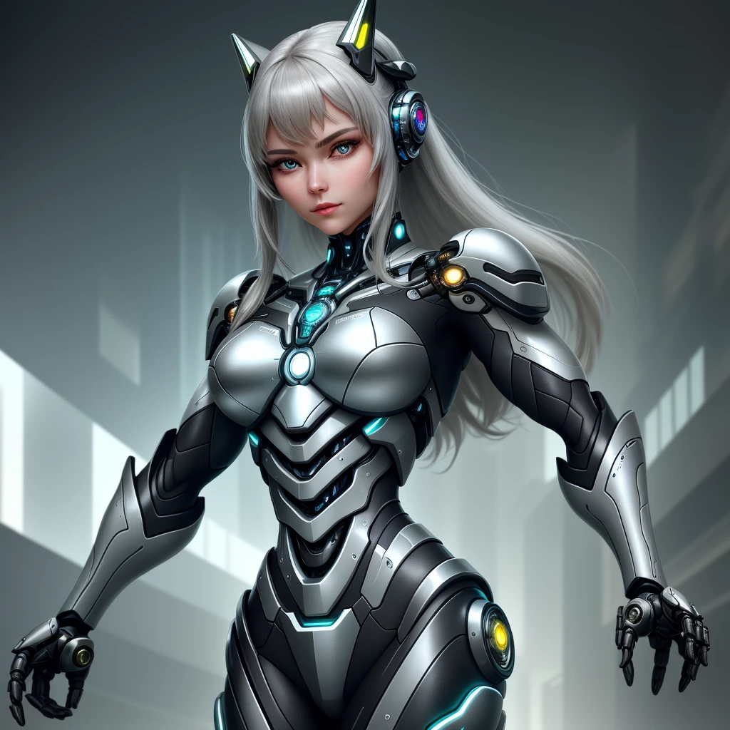 In a futuristic world where technology and biology merge, a stunning-looking and realistic cyborg stands out. With her polished metallic skin, biomechanical adornments and bright eyes, she embodies the harmony between human nature and technological ingenuity. The image captures her captivating expression, combining the strength of a cybernetic being with the elegance of a female figure. In the background, futuristic cityscapes echo its modern and dynamic essence, while reflections of light and shadows enhance every meticulously crafted detail. The high definition of the image allows you to explore the cyborg with clarity, revealing the complexities of the fusion between the organic and the mechanical, and leaving you in awe of the transcendental beauty of this entity of the future.