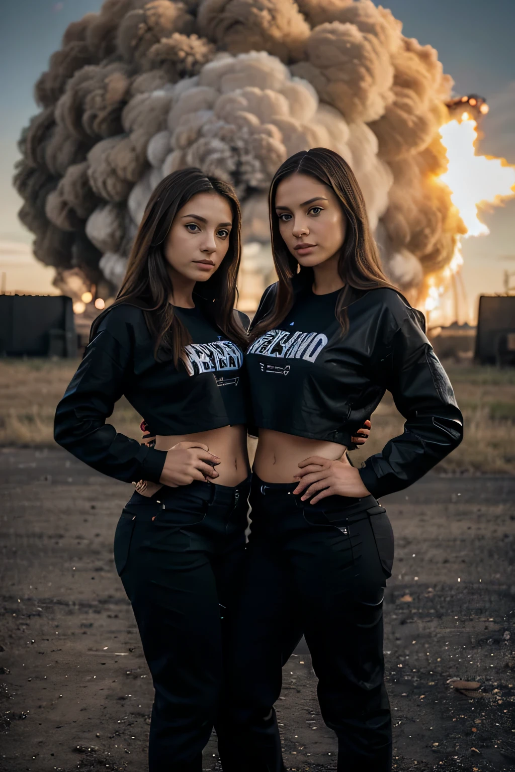 a portrait of two women, a blonde and a brunette, standing with a small distance between them, each woman is holding a rifle, with an explosion in the background, glowing. The first woman is a blonde, blue eyes, slavic features, woman wearing a black female trouser and a black short t-shirt. The other woman has dark hair, brown eyes, latina features, wearing black jacket, black t-shirt and black trousers, full body photo, perfect detailed eyes, perfect detailed hands