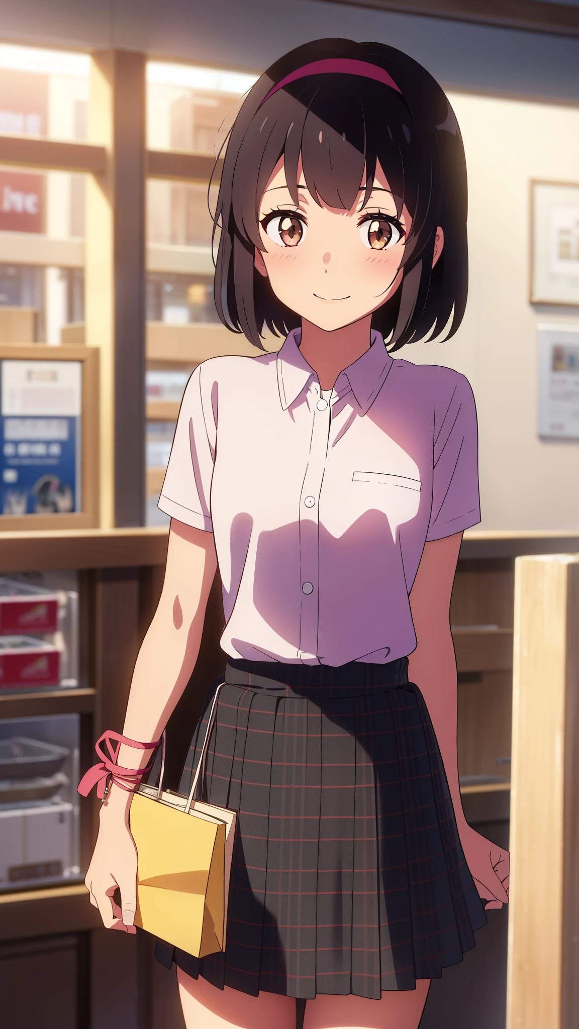 masterpiece, best quality, absurdres, perfect anatomy, shinkai makoto, kimi no na wa., 1girl, bangs, black hair, blush, brown eyes, red headband, casual shirt, short sleeves, skirt, plaid skirt, short hair, smile, cute, solo, happy, looking at viewer, indoors, shopping mall