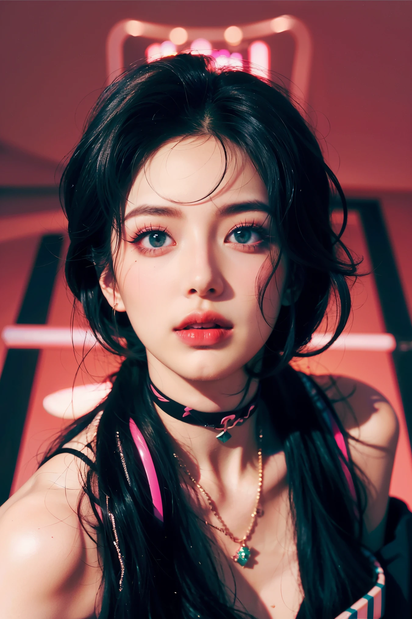 vaporwave style，vaporwave aesthetics，1Beauty with long wavy black hair，makeup,red lipstick，Eyes look upwards，from the front，above shoulder，hazy street background