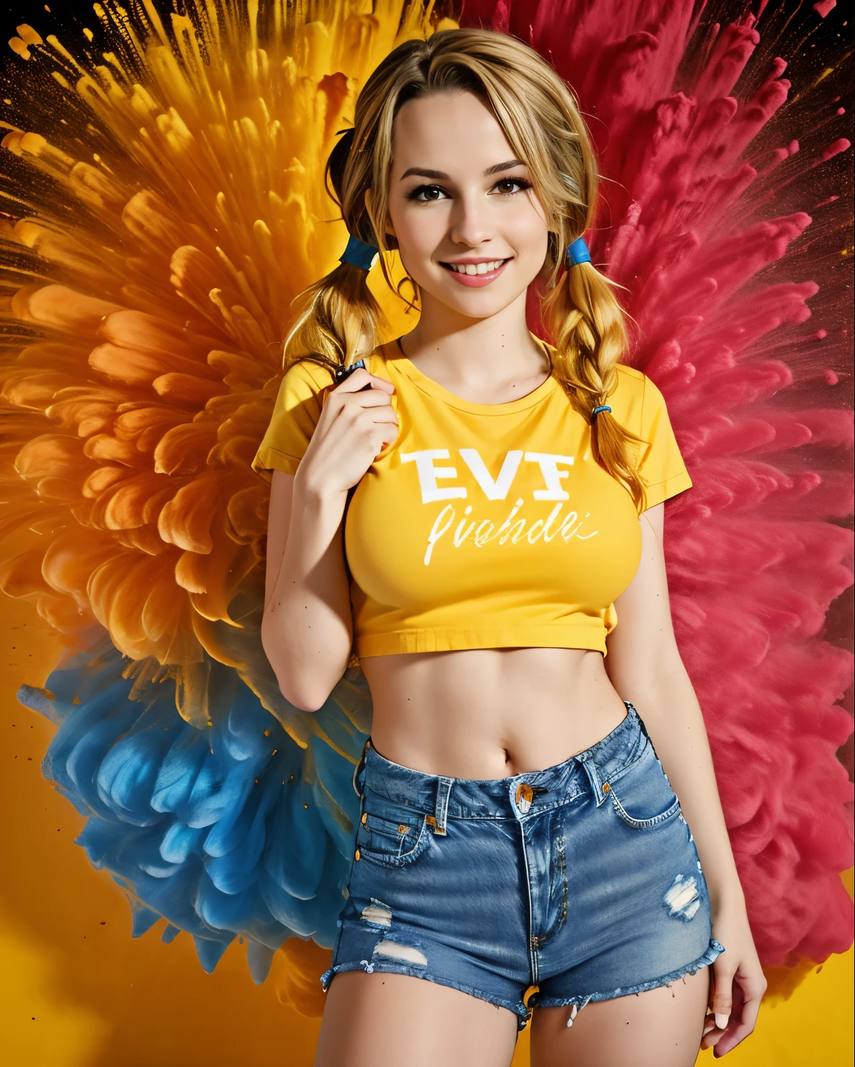 ((bridgit mendler,  camiseta molhada, bigfaketits, mamilos excitados)),master part,best quality,intrincado,aesthetic,Rosto detalhado,Subsurface scattering,Olhando para o Viewer,
1girl,foto de uma  bonito corpo inteiro,Sorriso leve,encantador,20 anos,cabelo twintails.crew cut,colorido,splatter de tinta,Tecelagem,pano,
BigFaketits, shorts jeans rasgado e curto