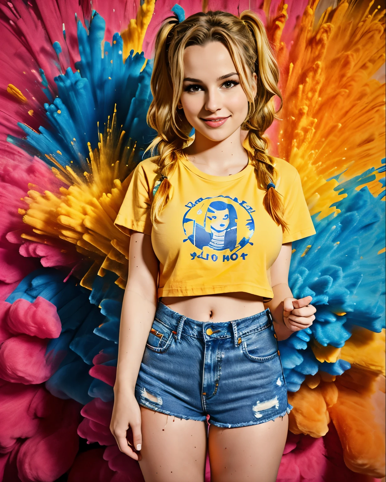 ((bridgit mendler,  camiseta molhada, bigfaketits, mamilos excitados)),master part,best quality,intrincado,aesthetic,Rosto detalhado,Subsurface scattering,Olhando para o Viewer,
1girl,foto de uma  bonito corpo inteiro,Sorriso leve,encantador,20 anos,cabelo twintails.crew cut,colorido,splatter de tinta,Tecelagem,pano,
BigFaketits, shorts jeans rasgado e curto