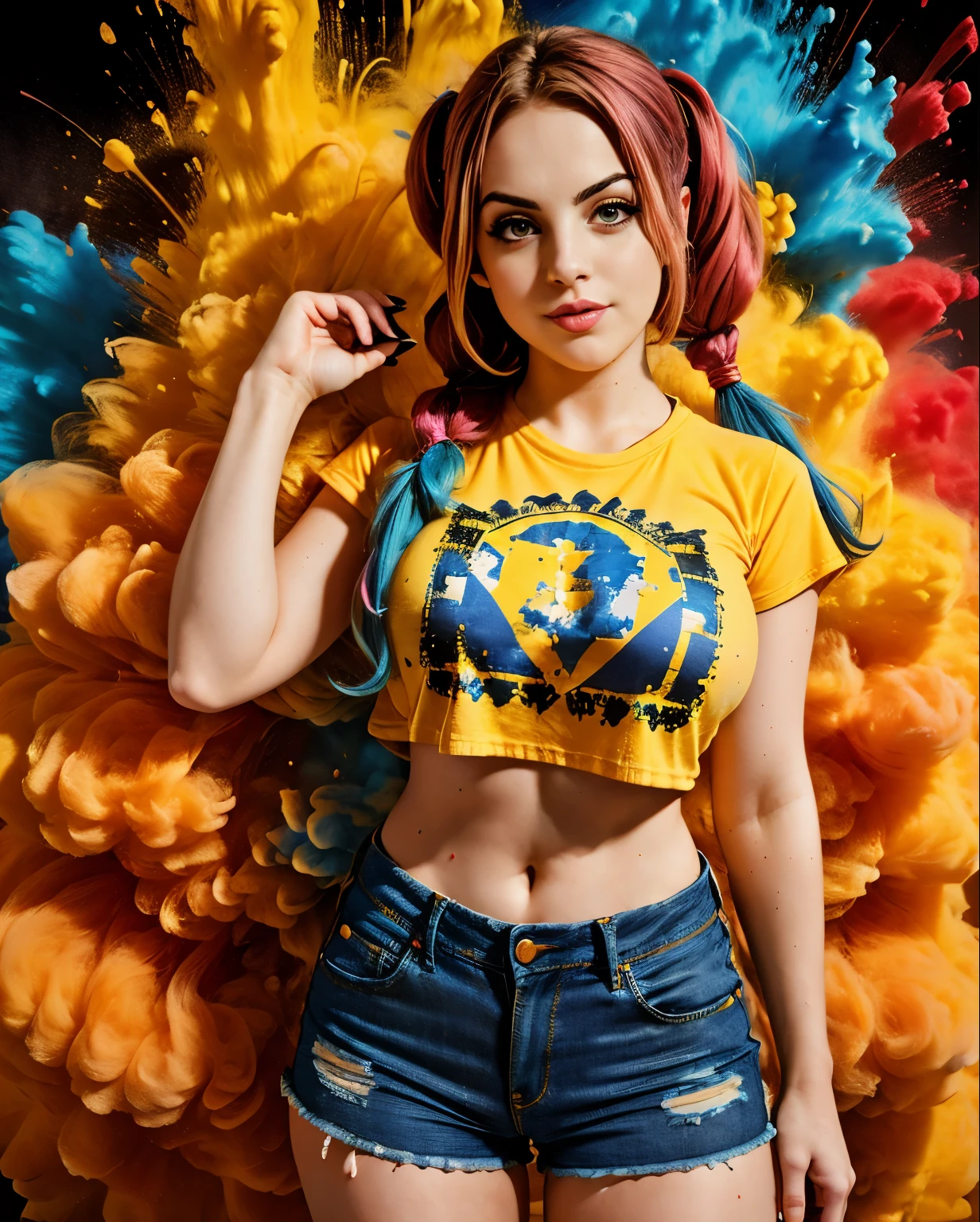 ((elizabeth gillies, camiseta molhada, bigfaketits, shorts jeans rasgado)),master part,best quality,intrincado,aesthetic,Rosto detalhado,Subsurface scattering,Olhando para o Viewer,
1girl,foto de uma  bonito corpo inteiro, Sorriso leve, encantador, 20 anos,cabelo twintails crew cut,colorido, splatter de tinta, Tecelagem, pano,
BigFaketits, camiseta, shorts jeans rasgado, camiseta 