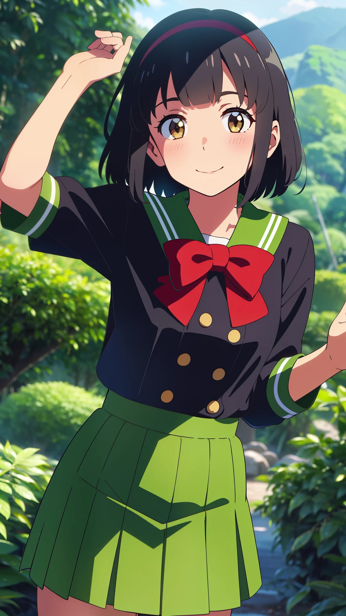 shinkai makoto, kimi no na wa., 1girl, bangs, black hair, blush, brown eyes, shiny skin, red headband, red bow, red ribbon, green sailor collar, green sailor color, green skirt, plaid skirt, short hair, smile, cute, solo, happy, Rainforest background, in the forest
