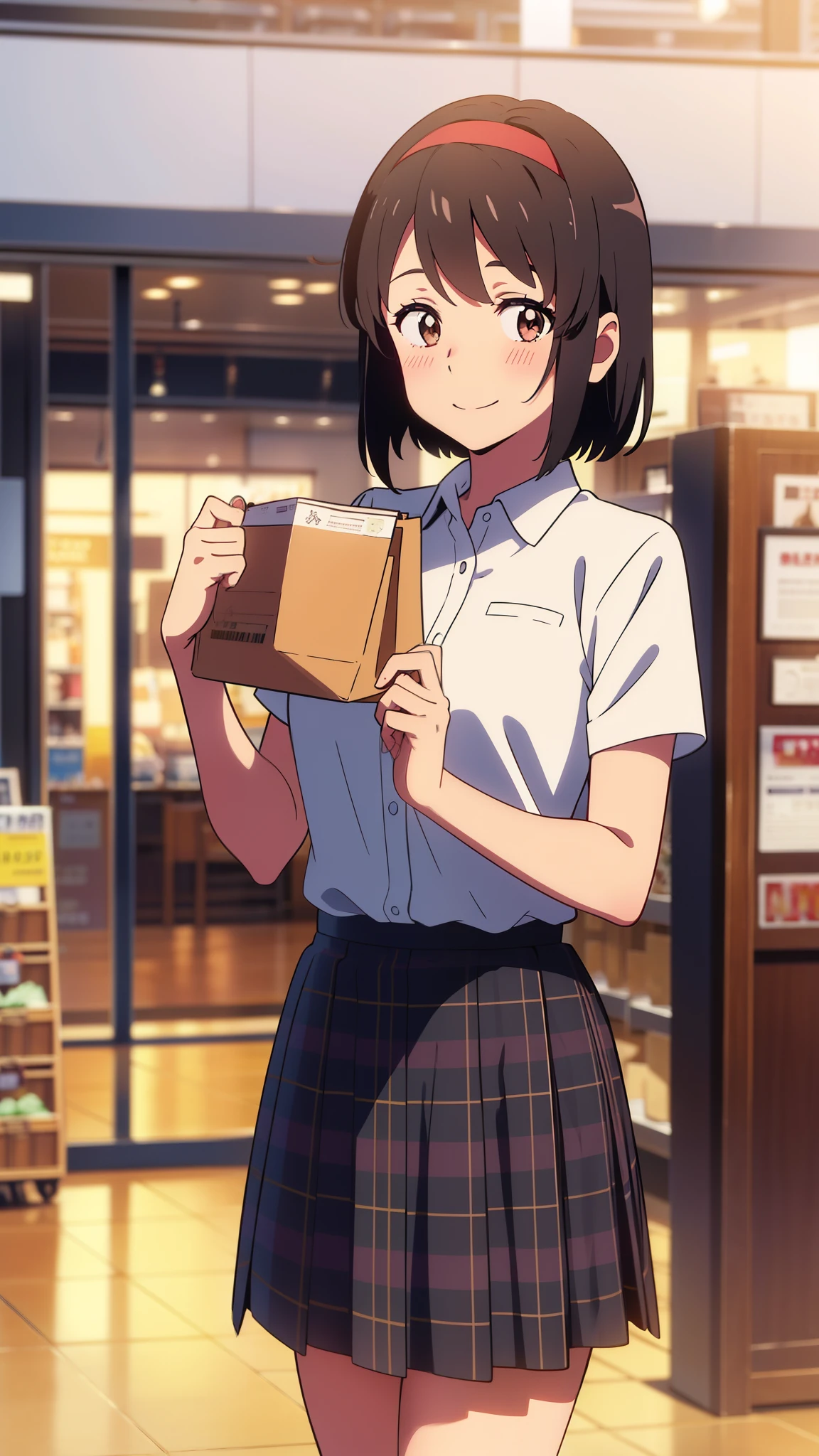 masterpiece, best quality, absurdres, perfect anatomy, shinkai makoto, kimi no na wa., 1girl, bangs, black hair, blush, brown eyes, red headband, casual shirt, short sleeves, skirt, plaid skirt, short hair, smile, cute, solo, happy, looking at viewer, indoors, shopping mall