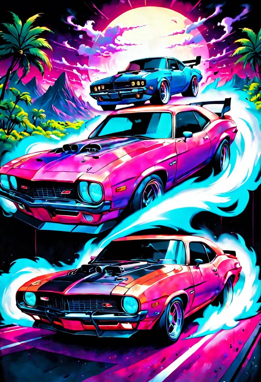 Vapor wave colored muscle car poster by jackie duneke rebecca king, in the style of cyril rolando, colored cartoon style, dark tonalities, ray tracing, low-angle, grzegorz domaradzki, iconic pop culture caricatures