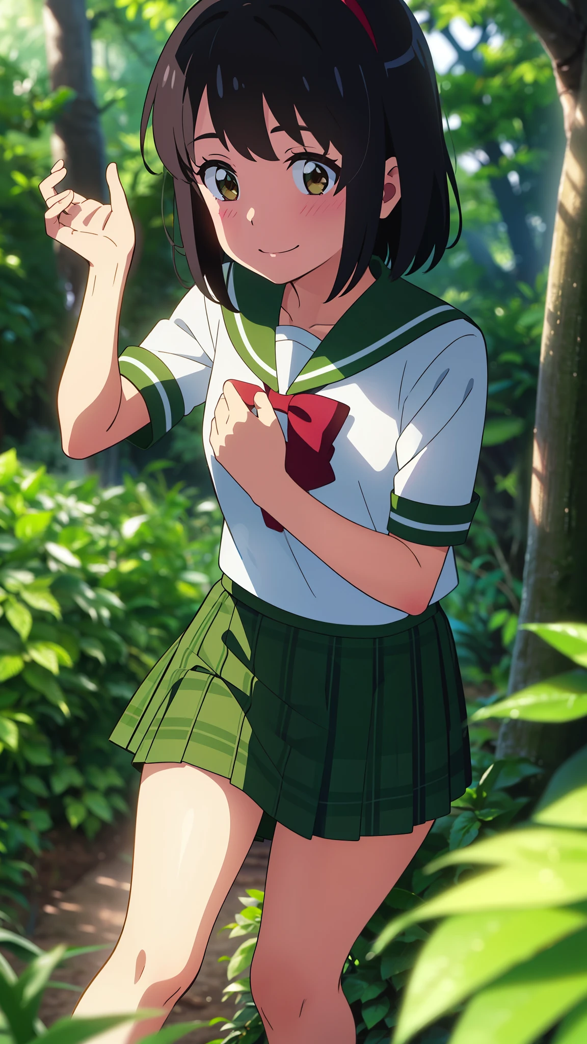 shinkai makoto, kimi no na wa., 1girl, bangs, black hair, blush, brown eyes, shiny skin, red headband, red bow, red ribbon, green sailor collar, green sailor color, green skirt, plaid skirt, short hair, smile, cute, solo, happy, Rainforest background, in the forest