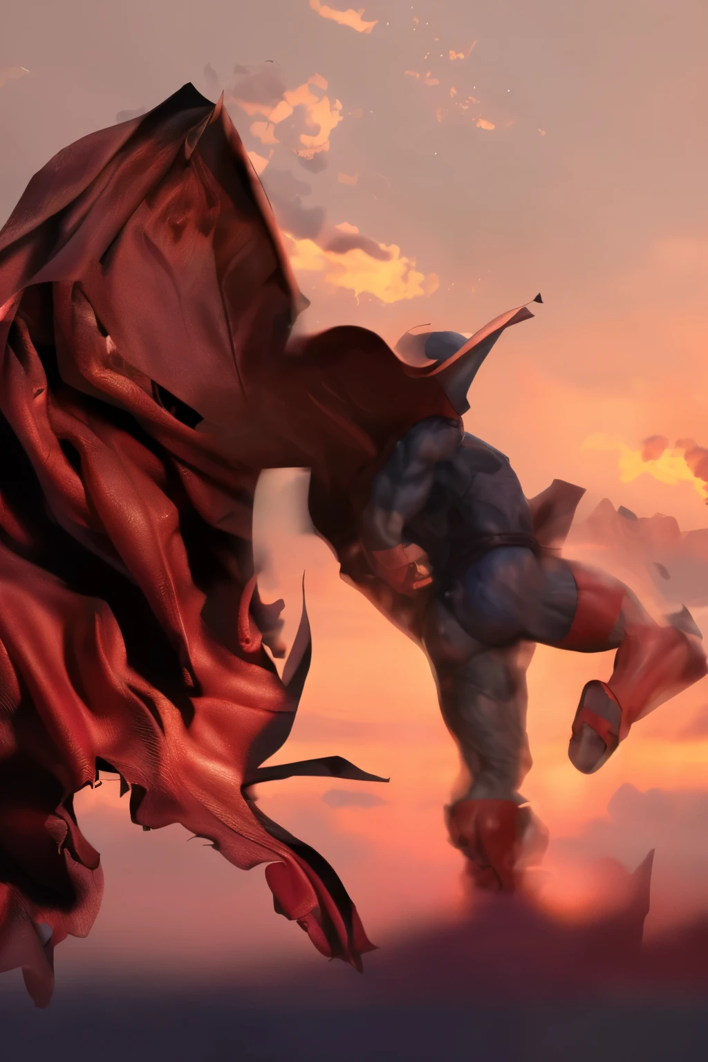 Spawn, a man in a kicking pose, (((rear view))) action pose, (((wearing a long flowing cape))), muscles, (((side view))) leg muscles, (((right arm reaching back in action pose))), soft light, sunset, battle, realism, photography