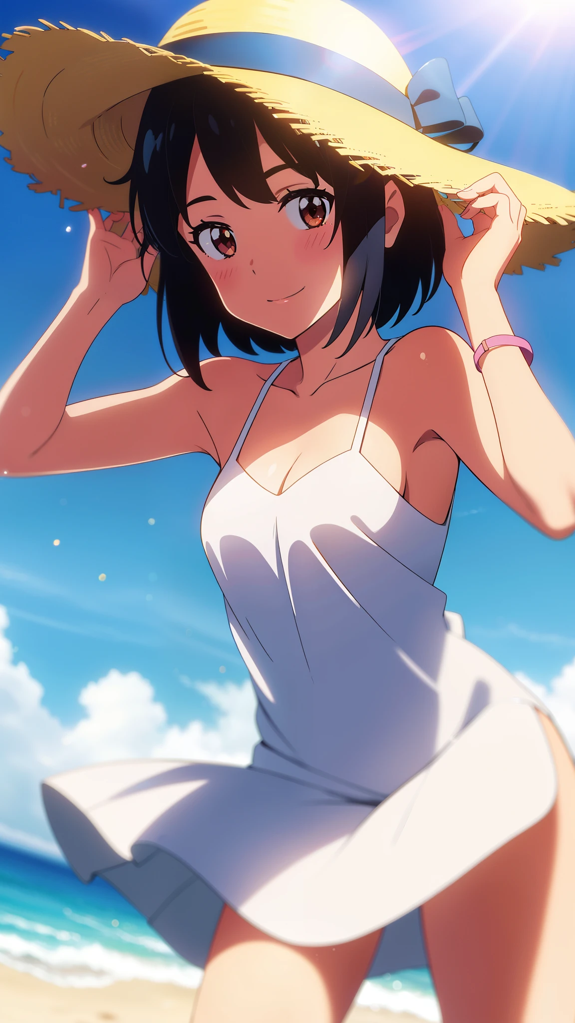 shinkai makoto, kimi no na wa., 1girl, bangs, black hair, blush, brown eyes, shiny skin, red headband, white dress shirts, straw hat, short hair, smile, cute, solo, looking at viewer, happy, summer beach, cloudy, blue sky, sunlight, lens_flare, bright, Splash
