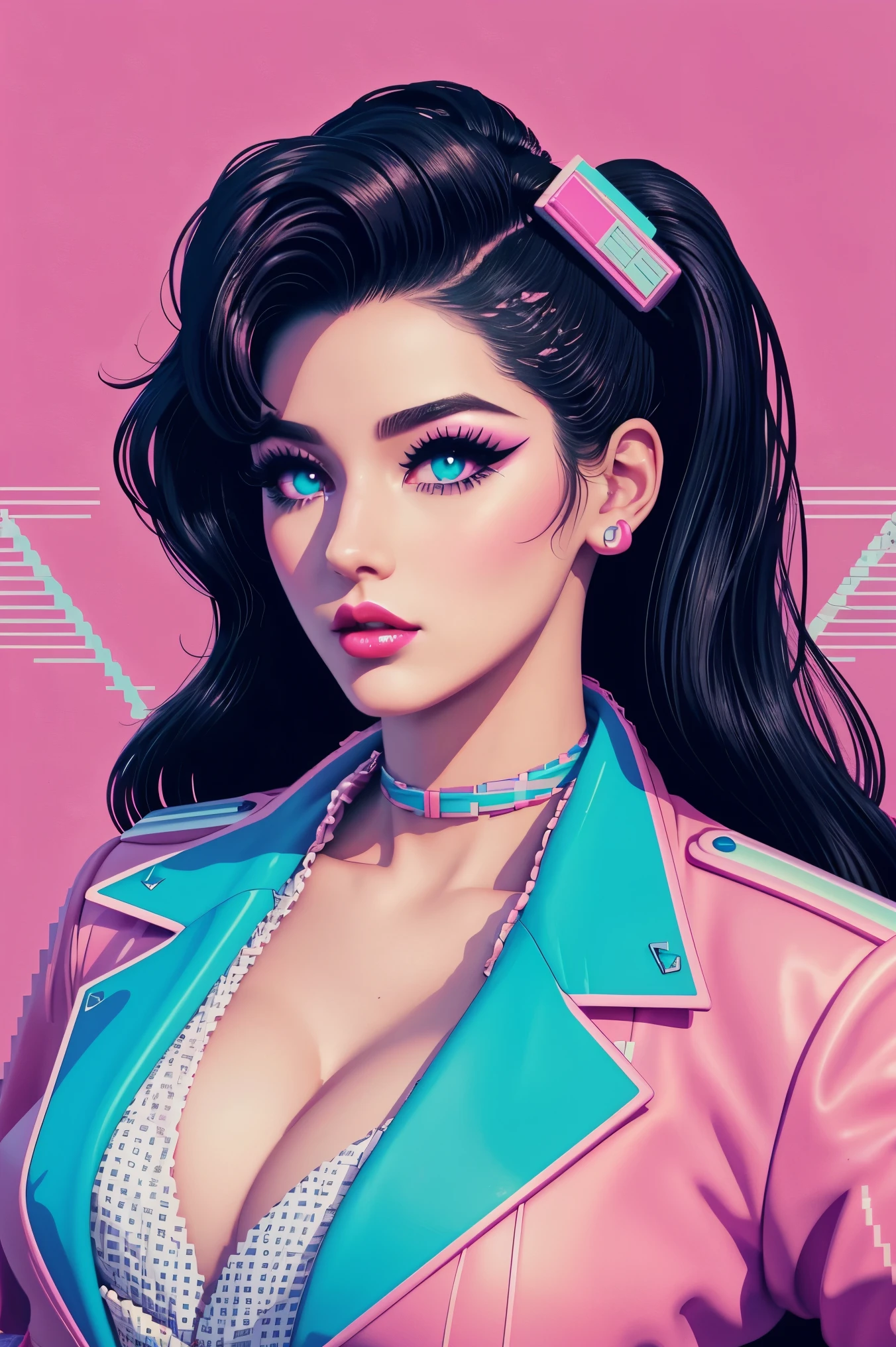 pixel style,vaporwave style,vaporwave aesthetics,1Beauty with long wavy black hair,makeup,red lipstick,Eyes look upwards,from the front,above shoulder,hazy street background