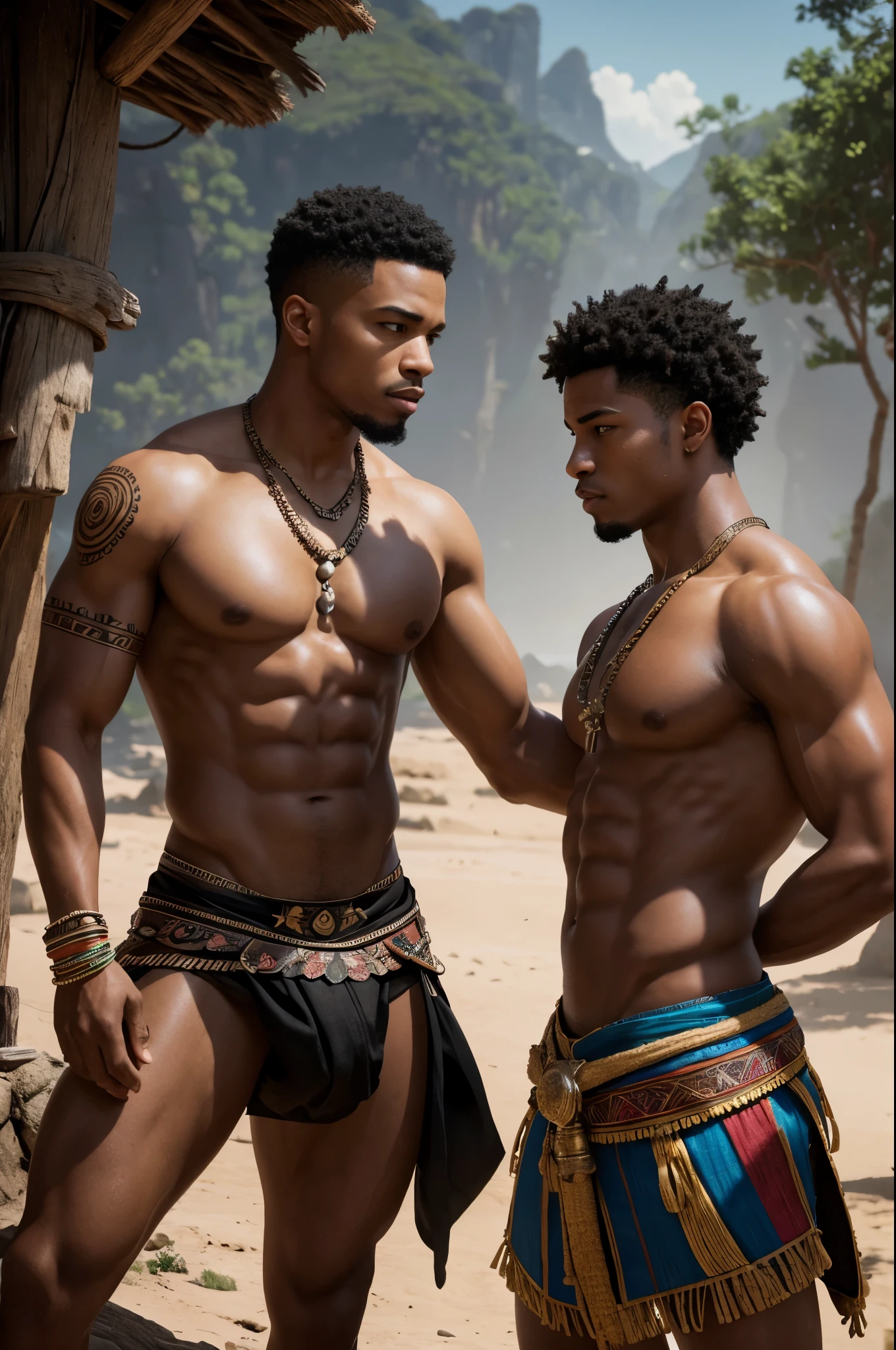 2 handsome black biracial lightskin men in tribal wear, high detail, 18 years old, skinny, 8k, mystical, magical, ultra hd, realistic, vivid colors, highly detailed, UHD drawing, pen and ink, perfect composition, beautifully detailed intricate insanely detailed octane rendering trending on artstation, 8k artistic photography, photorealistic concept art, soft natural volumetric cinematic perfect light, huge manly bubble butt, highly detailed and perfect face,  realistic hands, 