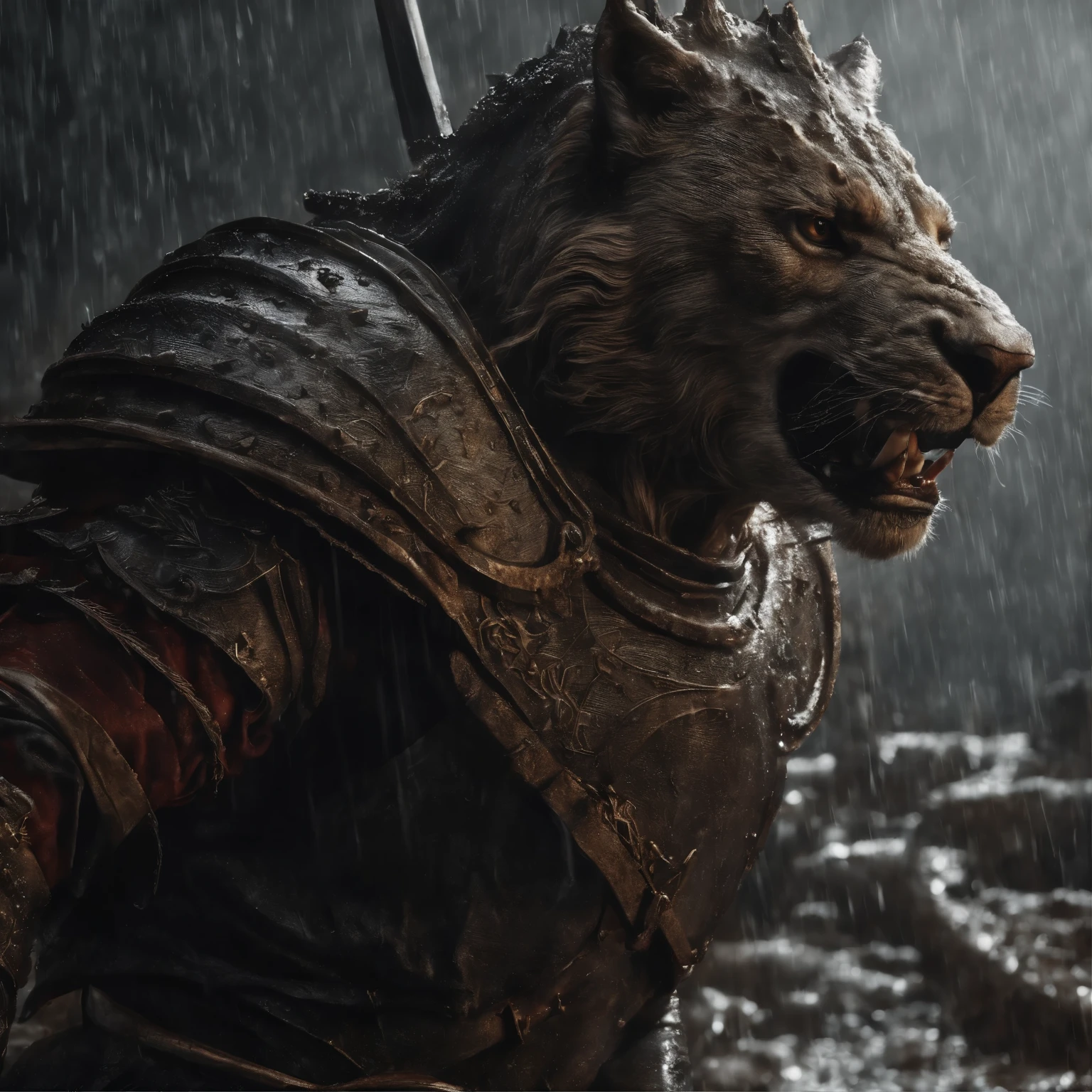 (best quality,4k,highres,masterpiece:1.2),ultra-detailed,(realistic,photorealistic,photo-realistic:1.37),GRIFFITH'S FACE PERFECT AMID THE RAIN WET FACE,FOREVER CHANGING GRIFFITH'S DESTINY IN THE WORLD OF BERSERK,(determined,regal,expressive:1.1),golden hair,mesmerizing blue eyes,enigmatic smile,detailed facial features,long eyelashes,(heavy,soaking)drops of rainwater,stunning reflection on his face and armor,sparkling droplets on his hair,delicate water trails on his cheeks and chin,(glistening,wet,shimmering:0.9),leather armor,fine metal accents and engravings,(intense,stormy)atmosphere with dark clouds,splashing raindrops,(sharp,contrasting)lightning bolts illuminating the scene,majestic, towering castle with crumbling walls,embedded with history,broken statues lying on the ground,emphasizing a sense of devastation,piercing gaze speaking of the weight of his responsibility and ambition,hands gripping his sword tightly,(wearing,holding)the iconic Crimson Behelit in his hand,signifying his connection to the supernatural,Berserker Armor,(battle-worn,weathered,scuffed:0.9),blood-soaked ground,forming a pool of crimson,BLOOD FOREVER CHANGING HIS DESTINY,MID-AIR SWORD SWING(motion-blur,energetic,swift:1.1),dramatic composition and dynamic angles,showcasing the intensity of the moment,unleashed power and determination,background draped in darkness,foreboding the trials to come,POWERFUL,GRIPPING,CAPTIVATING.