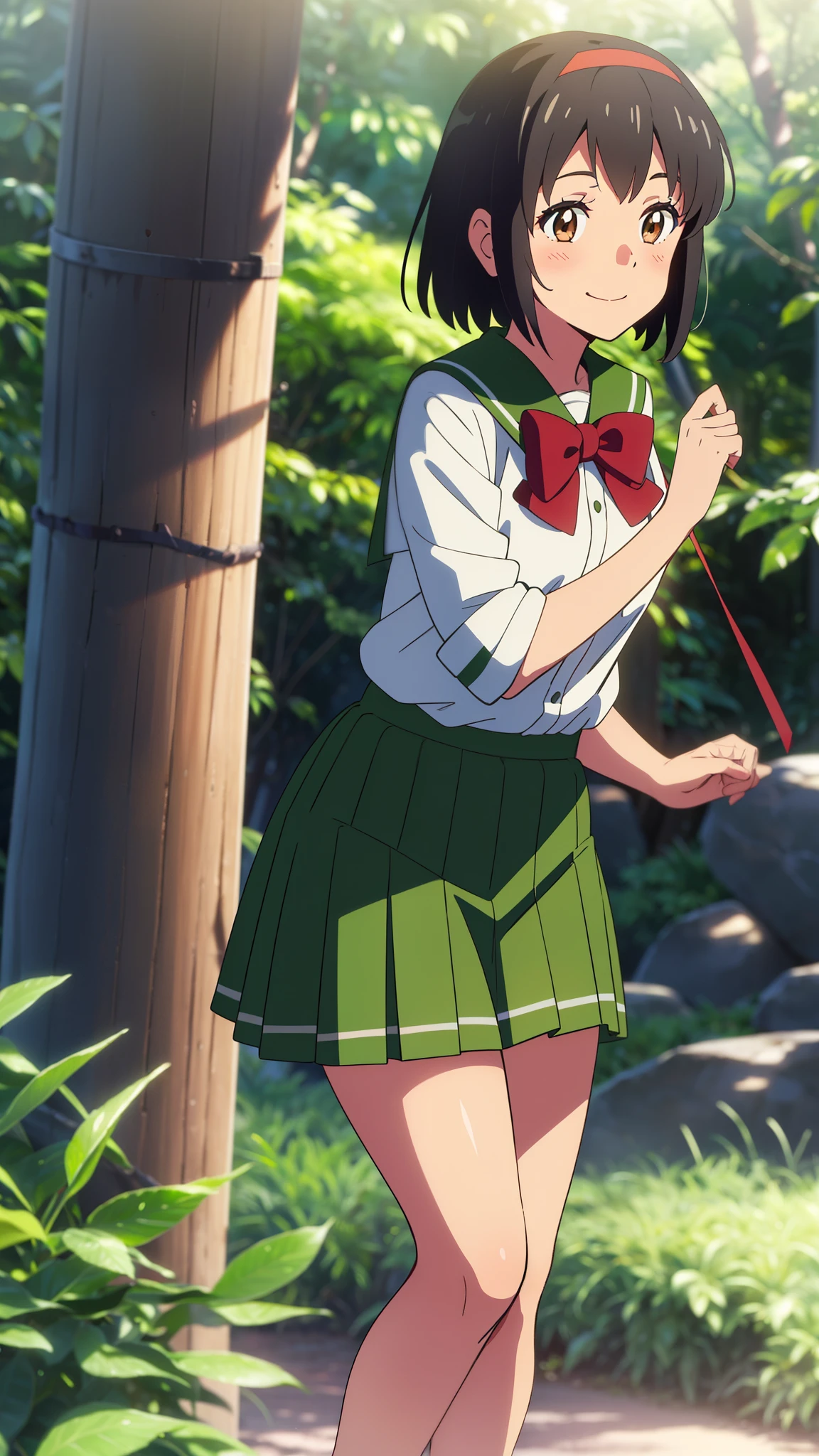 shinkai makoto, kimi no na wa., 1girl, bangs, black hair, blush, brown eyes, shiny skin, red headband, red bow, red ribbon, green sailor collar, green sailor color, green skirt, plaid skirt, short hair, smile, cute, solo, happy, Rainforest background, in the forest