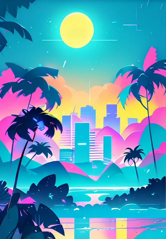 best quality,ultra-detailed,vivid colors,sharp focus,portraits,masterpiece:1.2,(retro-futurism:1.1),art deco,white moonlight girl,vaporwave aesthetic art,elaborate dress,serene expression,detailed hair,neon lights,glowing cityscape,soft pastel colors,artificial plants,shimmering water reflection,classic architecture,chrome accents,palm trees outline,80s inspired,nighttime scenery,rainy atmosphere,dreamlike,romantic mood间接提到需要画出一幅以女孩为主体的夜景画，风格上用到复古未来主义、艺术装饰风和蒸汽波审美。
