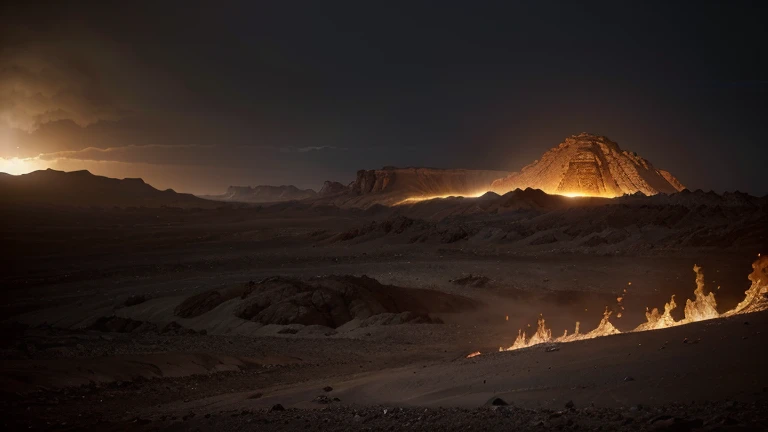 (best quality,4k,8k,highres,masterpiece:1.2),ultra-detailed,(realistic,photorealistic,photo-realistic:1.37),Xyron,vast deserts,fiery sand,volcanic mountains,incandescent lava,harsh sunlight,ominous atmosphere,dystopian,post-apocalyptic,scorching heat,dust storms,parched earth,cracked ground,desolate landscape,intense colors,glowing embers,smoke-filled sky,twisted rock formations,otherworldly,overwhelming power,remote location,barren wasteland,majestic beauty,unforgiving environment,unyielding nature,ominous shadows,dangerous terrain,suffocating silence,remote solitude,awe-inspiring,Mars-like landscape,unearthly silence,extreme temperatures,dramatic contrast,powerful geological forces,bleakness and grandeur,raging inferno,topographic variations,ethereal,desert storms,indomitable spirit,unconquerable wilderness,uninhabited,unexplored,hostile habitat