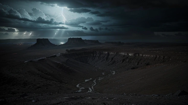 (best quality,4k,8k,highres,masterpiece:1.2),ultra-detailed,(realistic,photorealistic,photo-realistic:1.37),dark, stormy clouds envelop the sky, casting ominous shadows over a desolate landscape, adding a sense of mystery and foreboding. Lightning illuminates the scene sporadically, revealing the rugged terrain below. The landscape is barren and desolate, with jagged rocks and lifeless trees scattered throughout. The atmosphere is heavy with an impending storm, creating a sense of unease and anticipation. The colors are muted, with deep shades of gray, blue, and purple dominating the scene. The lighting is dramatic, with intense highlights and deep shadows, adding depth and dimension to the image. The overall effect is a haunting and atmospheric depiction of a desolate landscape under a perpetually dark and stormy sky.。(horror,concept artists)