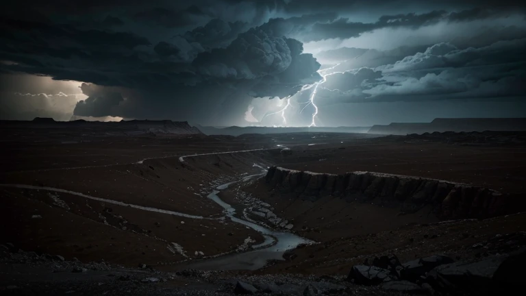 (best quality,4k,8k,highres,masterpiece:1.2),ultra-detailed,(realistic,photorealistic,photo-realistic:1.37),dark, stormy clouds envelop the sky, casting ominous shadows over a desolate landscape, adding a sense of mystery and foreboding. Lightning illuminates the scene sporadically, revealing the rugged terrain below. The landscape is barren and desolate, with jagged rocks and lifeless trees scattered throughout. The atmosphere is heavy with an impending storm, creating a sense of unease and anticipation. The colors are muted, with deep shades of gray, blue, and purple dominating the scene. The lighting is dramatic, with intense highlights and deep shadows, adding depth and dimension to the image. The overall effect is a haunting and atmospheric depiction of a desolate landscape under a perpetually dark and stormy sky.。(horror,concept artists)