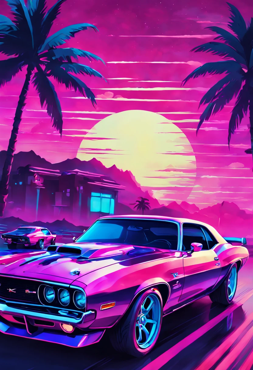 Vapor wave colored muscle car poster by jackie duneke rebecca king, in the style of cyril rolando, colored cartoon style, dark tonalities, ray tracing, low-angle, grzegorz domaradzki, iconic pop culture caricatures