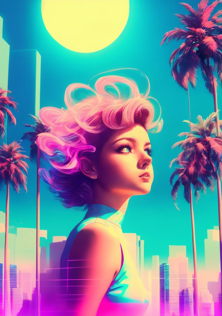 best quality,ultra-detailed,vivid colors,sharp focus,portraits,masterpiece:1.2,(retro-futurism:1.1),art deco,white moonlight girl,vaporwave aesthetic art,elaborate dress,serene expression,detailed hair,neon lights,glowing cityscape,soft pastel colors,artificial plants,shimmering water reflection,classic architecture,chrome accents,palm trees outline,80s inspired,nighttime scenery,rainy atmosphere,dreamlike,romantic mood间接提到需要画出一幅以女孩为主体的夜景画，风格上用到复古未来主义、艺术装饰风和蒸汽波审美。
