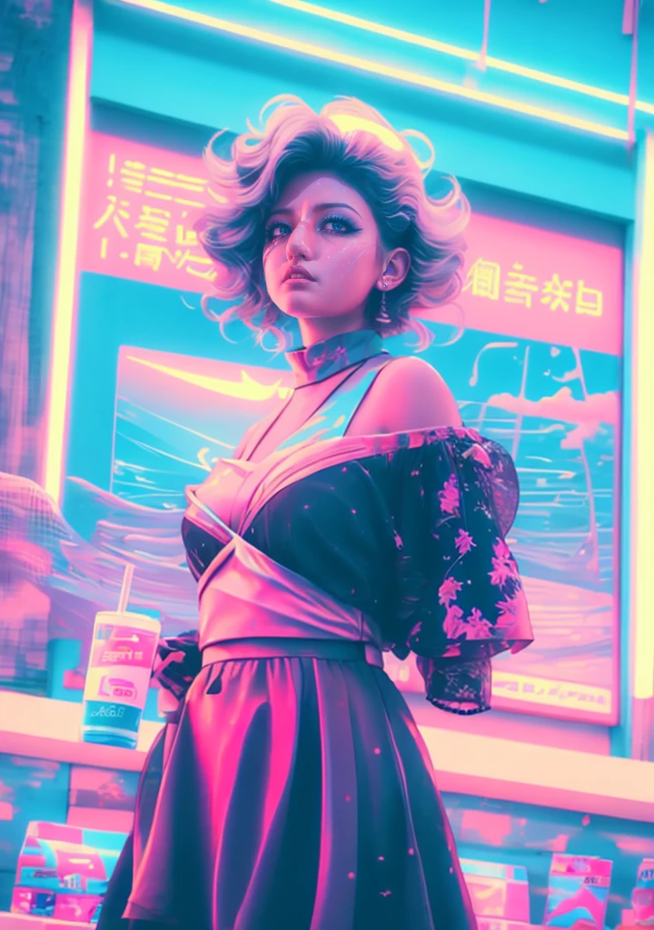 best quality,ultra-detailed,vivid colors,sharp focus,portraits,masterpiece:1.2,(retro-futurism:1.1),art deco,white moonlight girl,vaporwave aesthetic art,elaborate dress,serene expression,detailed hair,neon lights,glowing cityscape,soft pastel colors,artificial plants,shimmering water reflection,classic architecture,chrome accents,palm trees outline,80s inspired,nighttime scenery,rainy atmosphere,dreamlike,romantic mood间接提到需要画出一幅以女孩为主体的夜景画，风格上用到复古未来主义、艺术装饰风和蒸汽波审美。