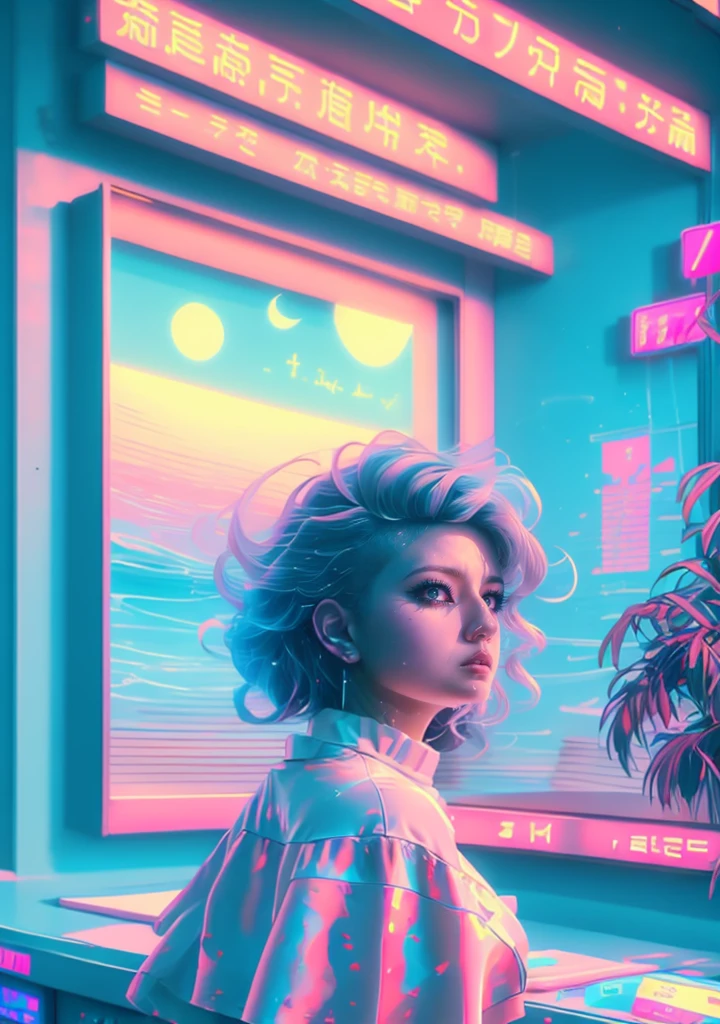 best quality,ultra-detailed,vivid colors,sharp focus,portraits,masterpiece:1.2,(retro-futurism:1.1),art deco,white moonlight girl,vaporwave aesthetic art,elaborate dress,serene expression,detailed hair,neon lights,glowing cityscape,soft pastel colors,artificial plants,shimmering water reflection,classic architecture,chrome accents,palm trees outline,80s inspired,nighttime scenery,rainy atmosphere,dreamlike,romantic mood间接提到需要画出一幅以女孩为主体的夜景画，风格上用到复古未来主义、艺术装饰风和蒸汽波审美。