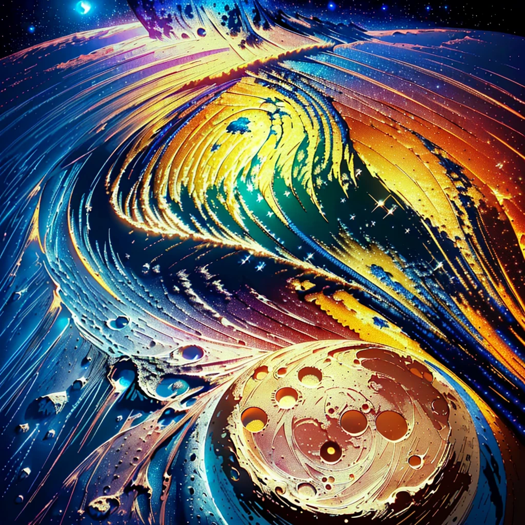 (stunning, lunar masterpiece), (magnificent, celestial beauty: 1.5), (surface of the moon: 1.4), (crater-filled terrain: 1.3), (illuminated by the sun: 1.2), (galaxy in the background: 1.3), (intricately detailed, star-studded sky: 1.4), (realistic, lifelike rendering: 1.2), (vibrant colors: 1.3), (high-contrast lighting: 1.3), (4K Ultra HD resolution: 1.2), (detailed shadows: 1.3