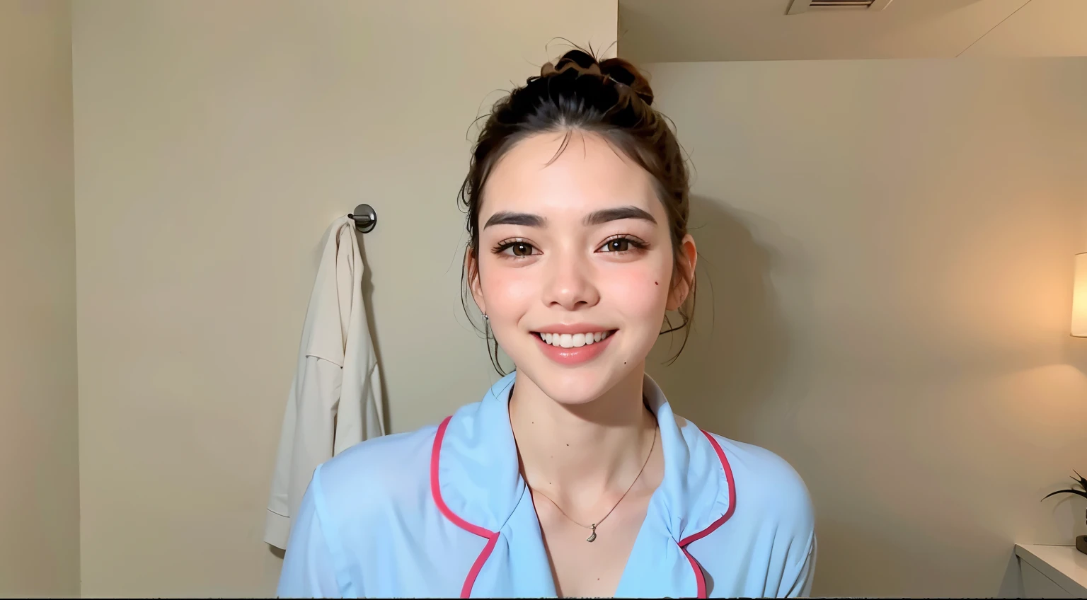 Smiling woman in blue shirt standing in bathroom with towel hanging on the wall, Kendall Jenner, sin maquillaje, sonriendo y mirando directamente, Sonrisa perfecta Vogue, muy limpio, Dua Lipa, tunica. cara perfecta, smiling happily at the camera, muy levemente sonriendo, Cara limpia and body skin, Perfect symmetrical face clean, exclusivo, tunica. cara perfectas, Cara limpia