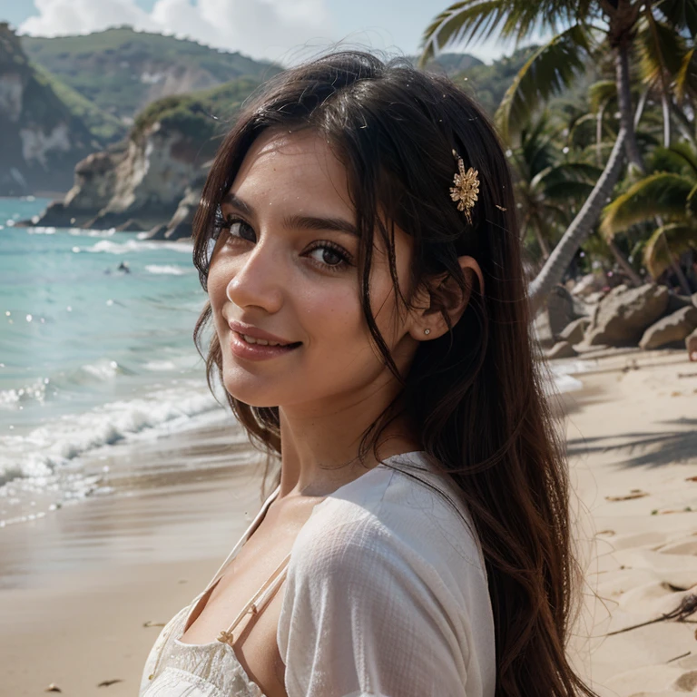 Cinematic soft lighting illuminates a beautiful woman from Spain (meia idade) (33 anos) incrivelmente detalhada e ultrarrealista, olhar para a praia, long messy black hair and windy, olhos claros verdes usando um lindo vestido florido , sorriso perfeito cativante, sensual, Mulher gostosa, maravilhoso, what's trending on ArtStation. Octane is the perfect tool for capturing the softest details of this 16k photography masterpiece.