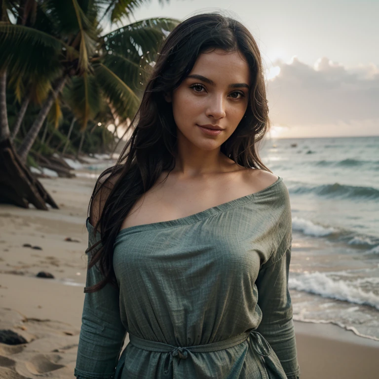 Cinematic soft lighting illuminates a beautiful woman from Spain (meia idade) (33 anos) incrivelmente detalhada e ultrarrealista, olhar para a praia, long messy black hair and windy, olhos claros verdes usando um lindo vestido florido , sorriso perfeito cativante, sensual, Mulher gostosa, maravilhoso, what's trending on ArtStation. Octane is the perfect tool for capturing the softest details of this 16k photography masterpiece.