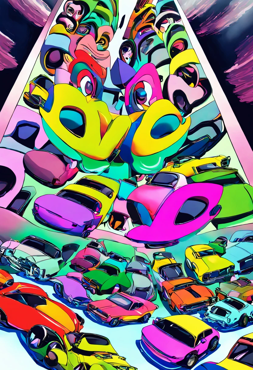 Vapor wave colored muscle car poster by jackie duneke rebecca king, in the style of cyril rolando, colored cartoon style, dark tonalities, ray tracing, low-angle, grzegorz domaradzki, iconic pop culture caricatures