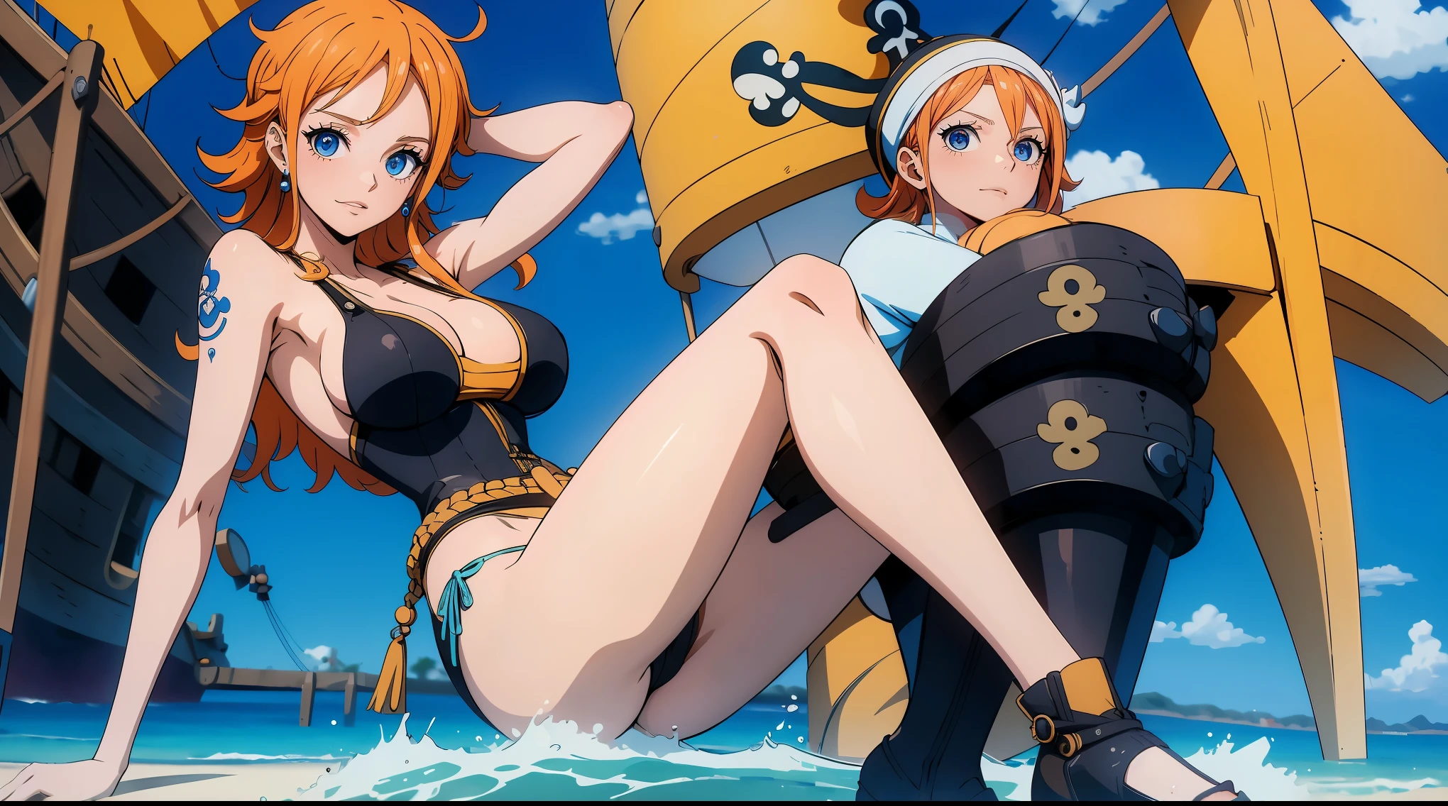 generate anime style nami onepiece one piece, com cabelos longos laranjados e amarrados, olhos perfeitos e detalhados, seios grandes e decotados, beautiful legs wearing black boots standing on pirate ship. The image features high definition 4k HDR resolution.