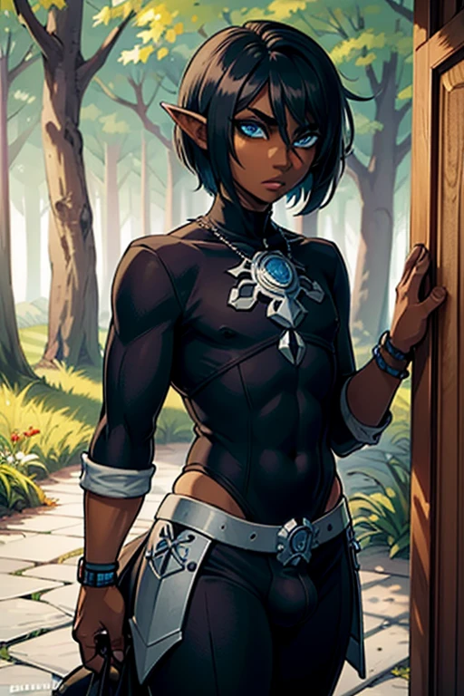 (masterpiece), best quality, dark elf, dark skin, femboy, cuteboy, 1boy, short hair, black hair, blue eyes, femboy fashion, elven warrior clothes, bulge, deep forest scenario