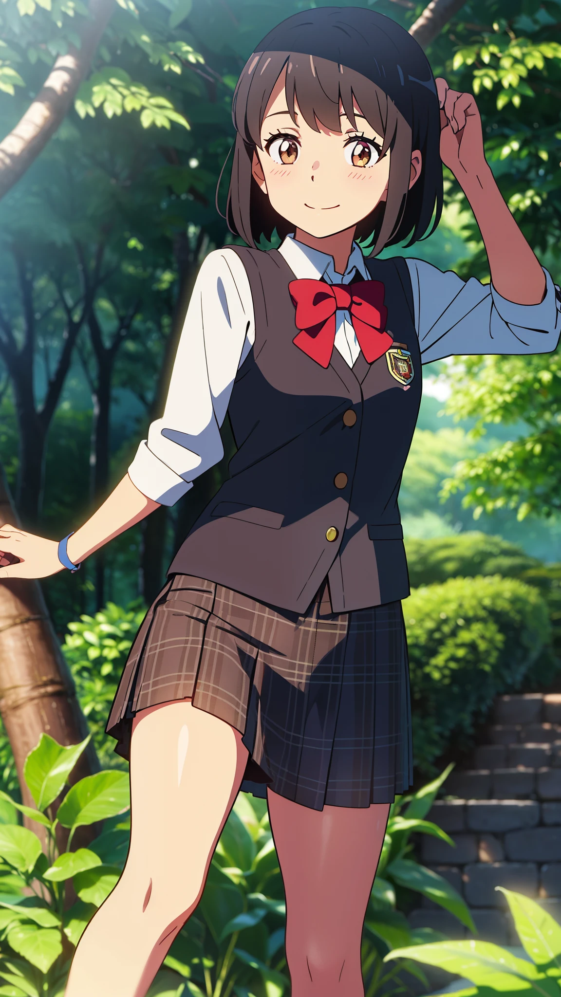 shinkai makoto, kimi no na wa., 1girl, bangs, black hair, blush, brown eyes, shiny skin, red headband, red ribbon, red bow, White dress shirts, Plaid vest, skirt, plaid skirt, shorts, short hair, smile, cute, solo, happy, Rainforest background, in the forest