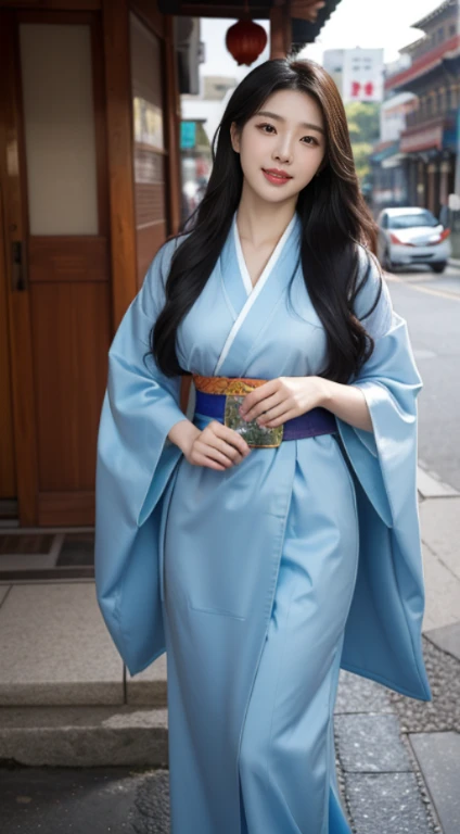 Foto hiperrealista en primer plano de Kim Ji-soo from Korea, masterpiece, best quality, (photorealistic:1.4), full body, blue Korean kimono, China Town, sunny day, cinematic light, beautiful woman, skinny, large big breasts, black long hair, detailed face, smile, facing the camera, photo taken from a distance, age of 25 years old