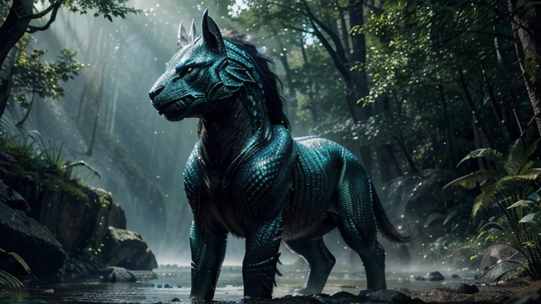 (best quality,4k,8k,highres,masterpiece:1.2),ultra-detailed,(realistic,photorealistic,photo-realistic:1.37),metallic-scaled,Rokar creature,giant reptile,shining armor,reflective scales,glistening under sunlight,creature of Xyron,sparkling, majestic,impressive,extraordinary,scaly skin,intimidating presence,strong and powerful,monumental,dominant,towering,illuminated by sunlight,elegant movements,ominous,serene,mesmerizing,otherworldly,piercing eyes,predator in the wild,adaptable to harsh environments,fierce and fearless hunter,camouflaged in its surroundings,blending with nature,uncommon beauty,exotic and rare,tamed and controlled by few,mythical creature in legends,awe-inspiring, ledgendary status,guardian of Xyron,magical powers,mysterious abilities,awe-struck onlookers,deep-rooted symbolism,ancient tales and folklore,blurring the line between reality and fantasy,dynamic and vibrant colors,rich color palette,contrasting shades,vivid greens and blues,illuminating the surroundings,harmonious and intriguing composition,dramatic lighting effects,shadow and highlights,enhanced depth and dimensionality,enigmatic aura, ethereal presence, magical atmosphere.