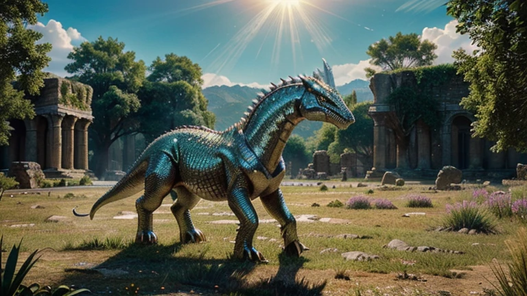 Among the creatures that inhabit Xyron, the Rokar stands out, a species of giant reptile with metallic scales that reflect sunlight like shining armor. The scene showcases a magnificent landscape with an awe-inspiring Rokar in the foreground.

Tags:
Rokar, giant reptile, metallic scales reflecting sunlight, shining armor, majestic creature, stunning landscape, vibrant colors, surreal atmosphere, detailed textures, ancient ruins, epic proportions, sense of scale, golden sunlight, vibrant vegetation, mysterious aura, fantastical world, ethereal beauty, mythical creature, breathtaking scenery.