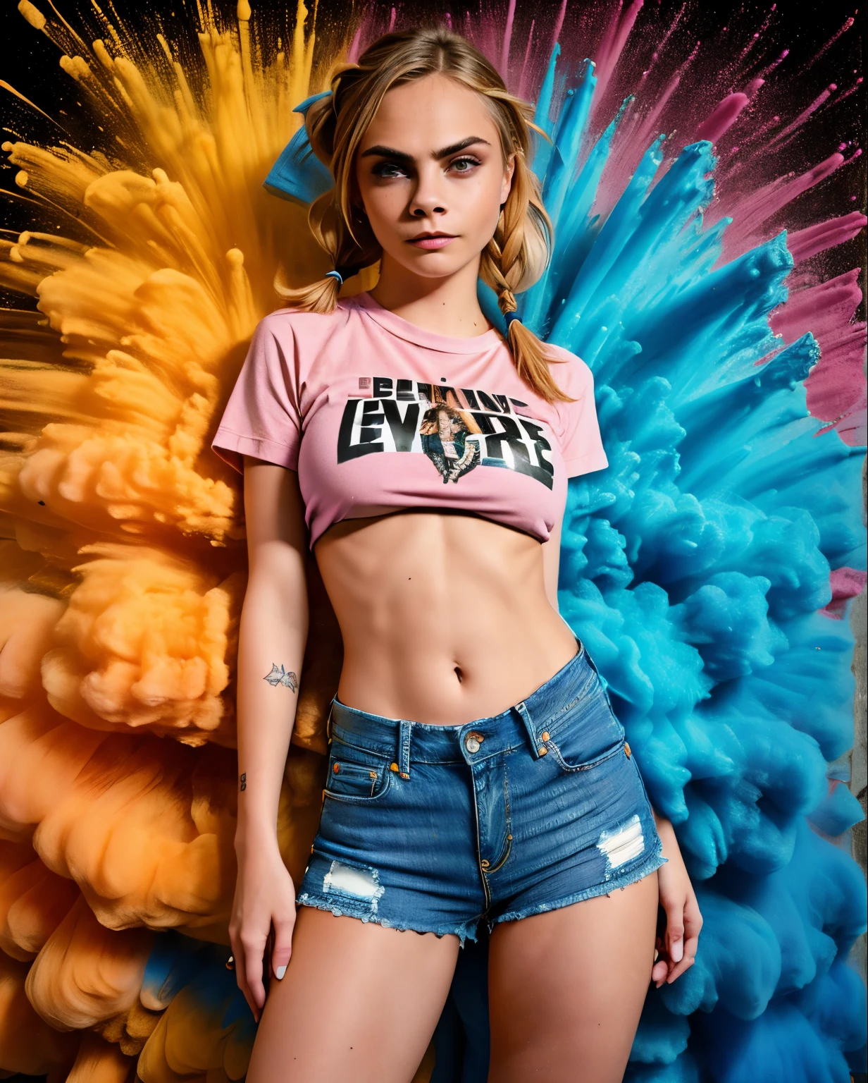 ((sks woman, Cara Delevingne,  camiseta molhada, bigfaketits, mamilos excitados)),master part,best quality,intrincado,aesthetic,Rosto detalhado,Subsurface scattering,Olhando para o Viewer,
1girl,foto de uma  bonito corpo inteiro,Sorriso leve,encantador,20 anos,cabelo twintails.crew cut,colorido,splatter de tinta,Tecelagem,pano,
BigFaketits, shorts jeans rasgado e curto