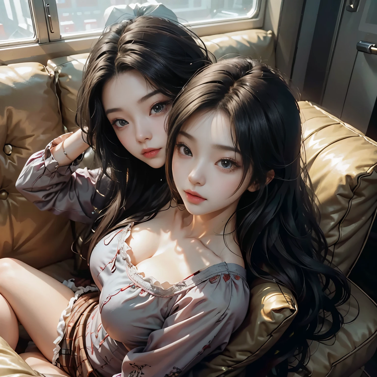 A girl, lying on the sofa, looks very enjoyable, Chinese animation style, looks depressing, high quality, ultra-detailed, crazy details, 4K, (two heads)