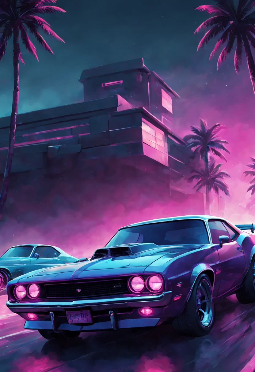 Vapor wave colored muscle car poster by jackie duneke rebecca king, in the style of cyril rolando, colored cartoon style, dark tonalities, ray tracing, low-angle, grzegorz domaradzki, iconic pop culture caricatures
