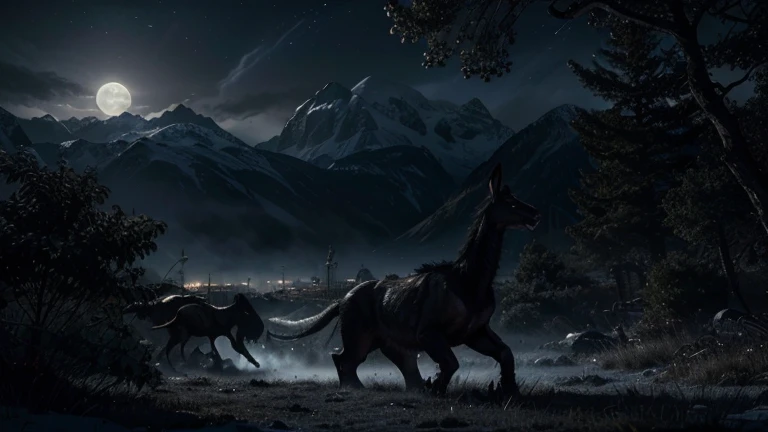 (best quality,4k,8k,highres,masterpiece:1.2),ultra-detailed,(realistic,photorealistic,photo-realistic:1.37),Rokars in their natural habitat,terrifying eyes with night vision,sharp claws ready for battle,intense territorial fights over prime shelter,alien planet's endless nights,impressive and detailed fur texture,otherworldly creatures fighting for dominance,ominous landscape bathed in dim moonlight,mysterious planet with eerie atmosphere,hunters of the dark,moonlit night illuminating fierce battles,menacing predators with enhanced senses.