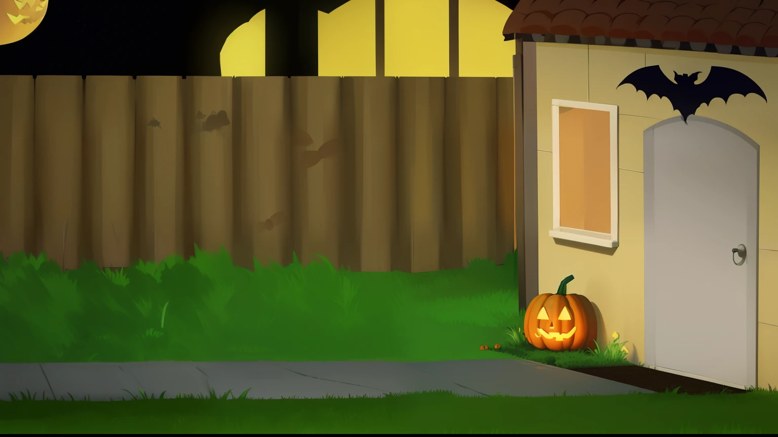 Halloween, night, Brick house, path in the grass, pumpkin jack, Intimidating atmosphere