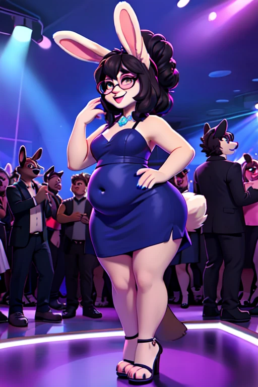 Anthropomorphic rabbit, very fat, big belly, very wide hips, very big butt, furry, fluffy tail, blue fur, black hair, big hairdo, nice dress, club dress, glasses, nightclub, rave