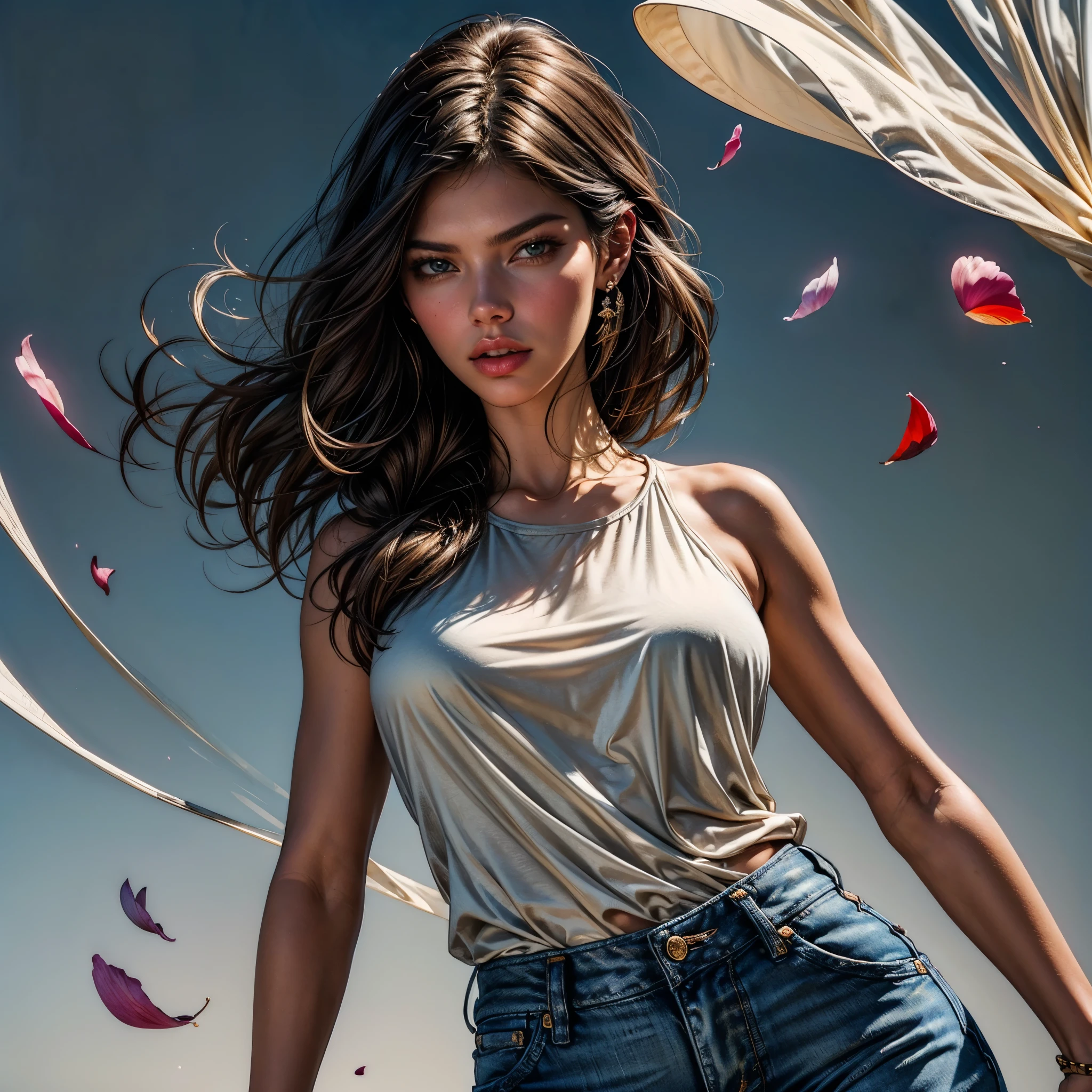 style FANTASTIC::Marc Silvestri ::5.0 COMIX illustration style, Fantastic Paintings--quality ,illustration style, DETAILED ,TATOON STYLE , Adriana Lima ,beautiful woman with long straight haiR ULTRA DETAILED, (beautiful and clear background:1.2), (extremely detailed CG, ultra-detailed, best shadow:1.1), ((depth of field)), ((watercolor)), large breasts(with jeans and a white t-shirt or dress:1.3), bare shoulders, flowers and petals, beautiful concept illustration , (white background:0.5), (illustration :1.1), (extremely fine and beautiful:1.1), (perfect details:1.1) varied multi etc. --v 6 --s 1000 --c 20 --q 20 --chaos 100